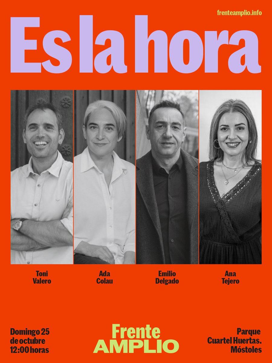 Frente_Amplio_'s tweet photo. 📣 ¡Móstoles, nos vemos este domingo!

👉🏻 Os esperamos en el Parque Cuartel Huertas a las 12:00 este domingo 25 de octubre.

📍 Parque Cuartel Huertas https://t.co/jaWxeRq2hw
⏰ 12h 

¡No faltes! https://t.co/ey21UxgxAI