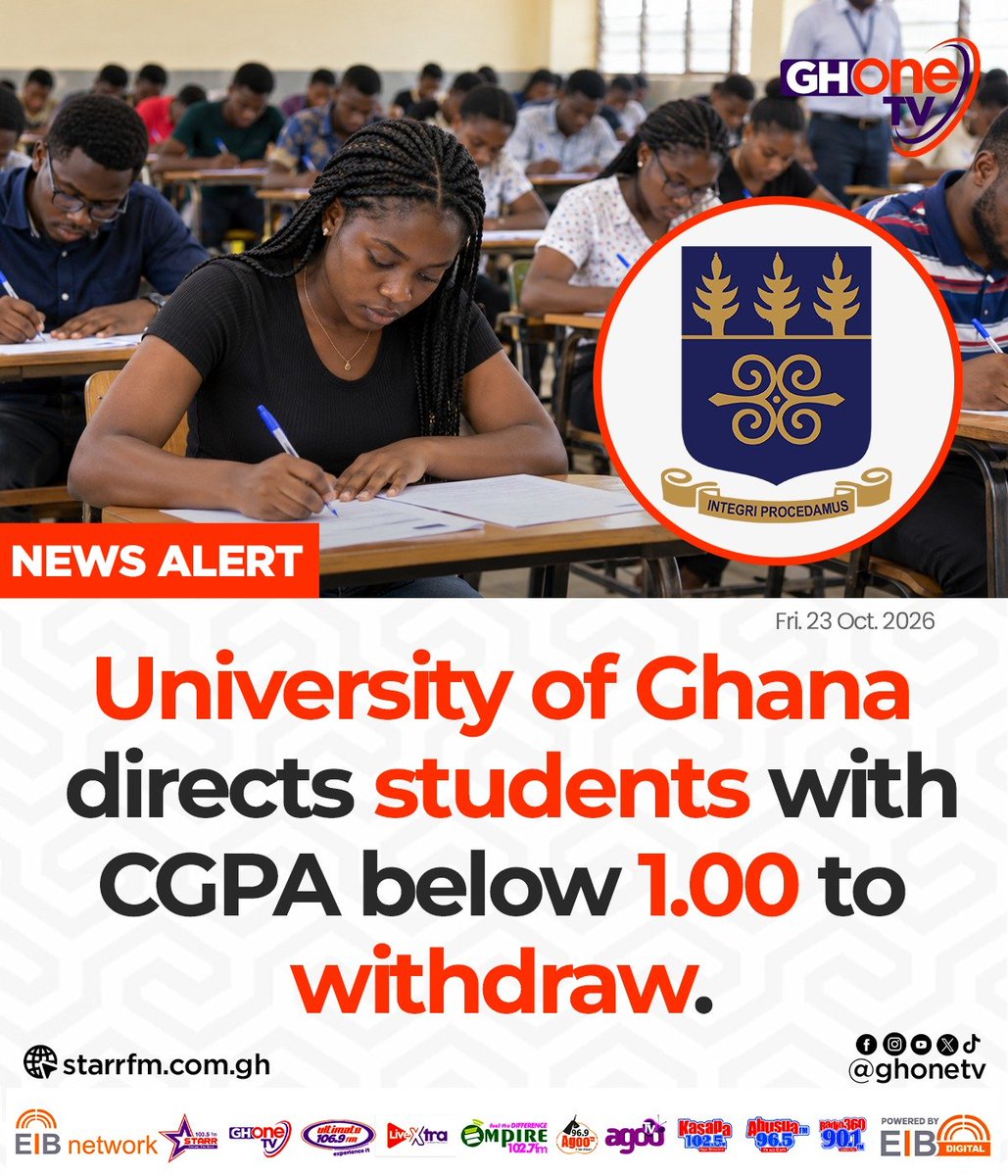 ghonetv's tweet photo. University of Ghana directs students with CGPA below 1.00 to withdraw...

#EIBNetwork #GHOneTV 
#GHOneNews #NewsAlert https://t.co/1t0p4v9FGl