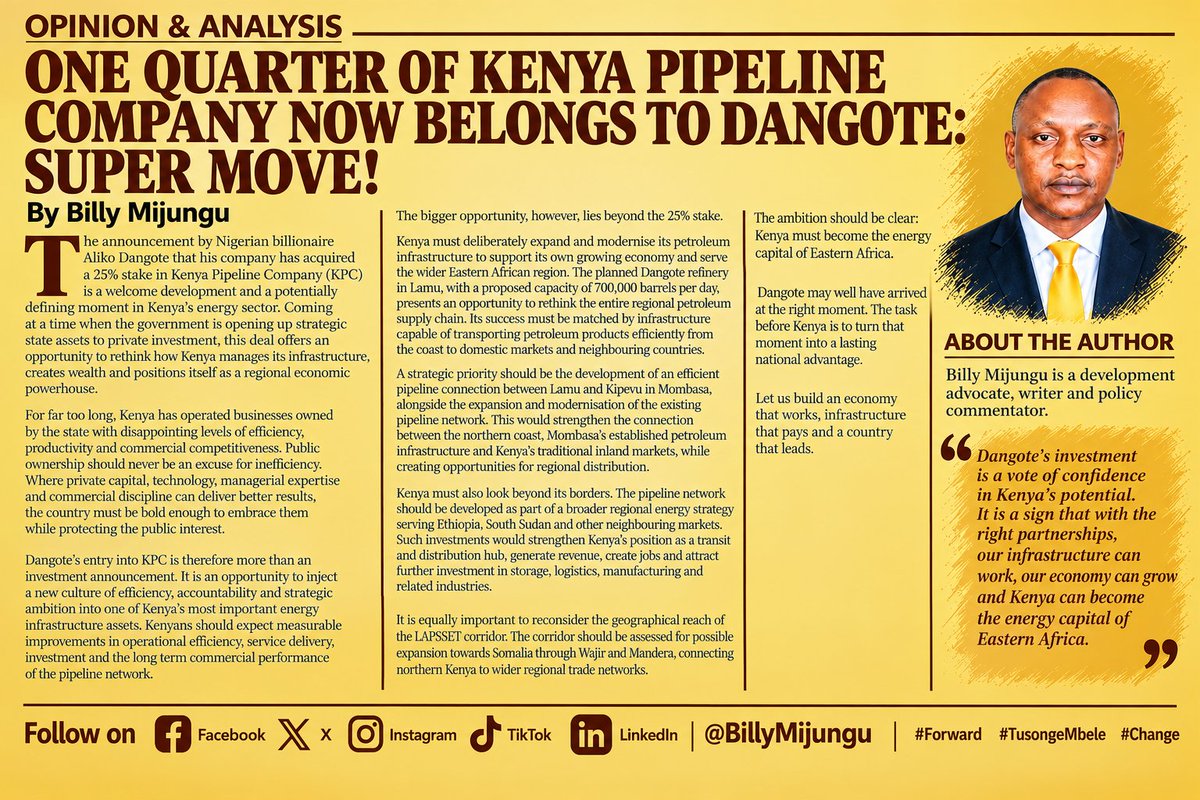 BillyMijungu's tweet photo. ONE QUARTER OF KENYA PIPELINE COMPANY NOW BELONGS TO DANGOTE: SUPER MOVE!

Dangote may well have arrived at the right moment. 

#Forward #TusongeMbele #Change
Follow me on Facebook, X, Instagram, TikTok and LinkedIn: @BillyMijungu https://t.co/aRnvKmAK4c