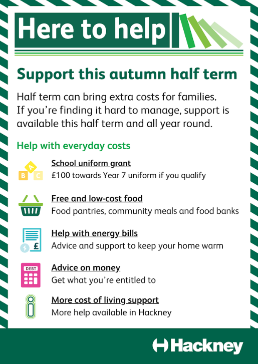 HackneyFIS's tweet photo. Support this autumn half term
Half term can bring extra costs for families. If you’re finding it hard to manage,  support is available this half term and all year round.
Contact Here To Help - Talk to Here to Help
Phone line: 020 8356 3111
Or visit: https://t.co/Z6EjCd2SjN https://t.co/Jpa8n4OScv