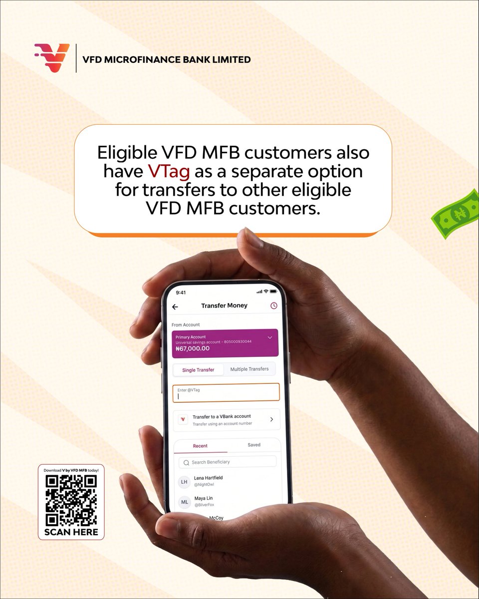 Vfdbankng's tweet photo. You asked, we listened! Transfers on the VFD MFB app just got a whole lot easier. 🎉

Find your regular recipients faster, enjoy smarter search, send money with VTag, and discover a whole lot of new features designed to make transferring easier.

Update your app, explore the new transfer experience, and let us know what you think in the comments.
