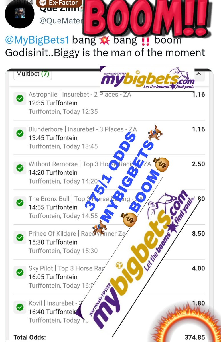 MyBigBets1's tweet photo. 🚨🏇🏿💥 MASSIVE THURSDAY 🏇🏿🎙
👏🏽👏🏽 MASSIVE ODDS BOOM 👏🏽👏🏽
🏇🏿💣 BOOM BOOM BOOM 💣🏇🏿
MYBIGBETS 🎙⭐️💥💲🏇🏿⚽️✅️
®️ LET THE BOOMS FIND YOU ®️
⭐️ #OCTOBER BOOM MONTH ⭐️
#MYBIGBETS #HorseRacing #HorseRacingTips #Tipsters #BETWAY #BOOM #Gqberha #capetown #durban #india #southafrica