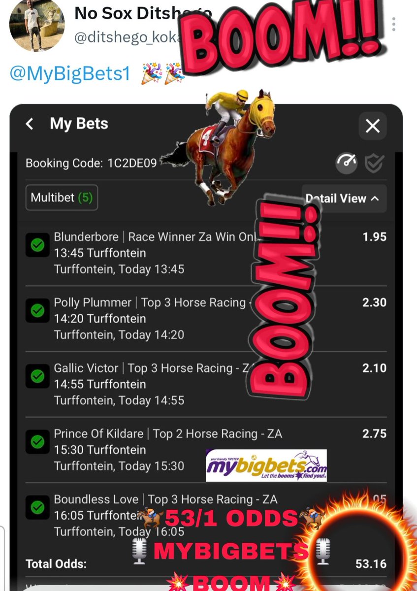 MyBigBets1's tweet photo. 🚨🏇🏿💥 MASSIVE THURSDAY 🏇🏿🎙
👏🏽👏🏽 MASSIVE ODDS BOOM 👏🏽👏🏽
🏇🏿💣 BOOM BOOM BOOM 💣🏇🏿
MYBIGBETS 🎙⭐️💥💲🏇🏿⚽️✅️
®️ LET THE BOOMS FIND YOU ®️
⭐️ #OCTOBER BOOM MONTH ⭐️
#MYBIGBETS #HorseRacing #HorseRacingTips #Tipsters #BETWAY #BOOM #Gqberha #capetown #durban #india #southafrica