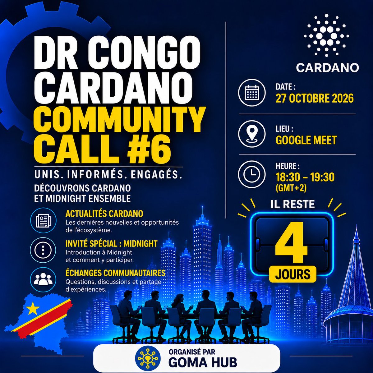gomadrep's tweet photo. 🇨🇩 J-4 avant le DR Congo Cardano Community Call #6 !

Comment rester informé de l’écosystème Cardano et découvrir comment participer à Midnight ? 🌙

📢 Actualités Cardano
🌙 Introduction à Midnight avec @MakasiMechack  Midnight Nightforce Leader
💬 Échanges et questions-réponses
📅 Mardi 27 octobre
🕡 18h30–19h30 (GMT+2)
💻 En ligne via Google Meet

🔗 Inscrivez-vous : https://t.co/YesdsEmDyC

Apprenons, échangeons et construisons ensemble !
@cardano #Midnight