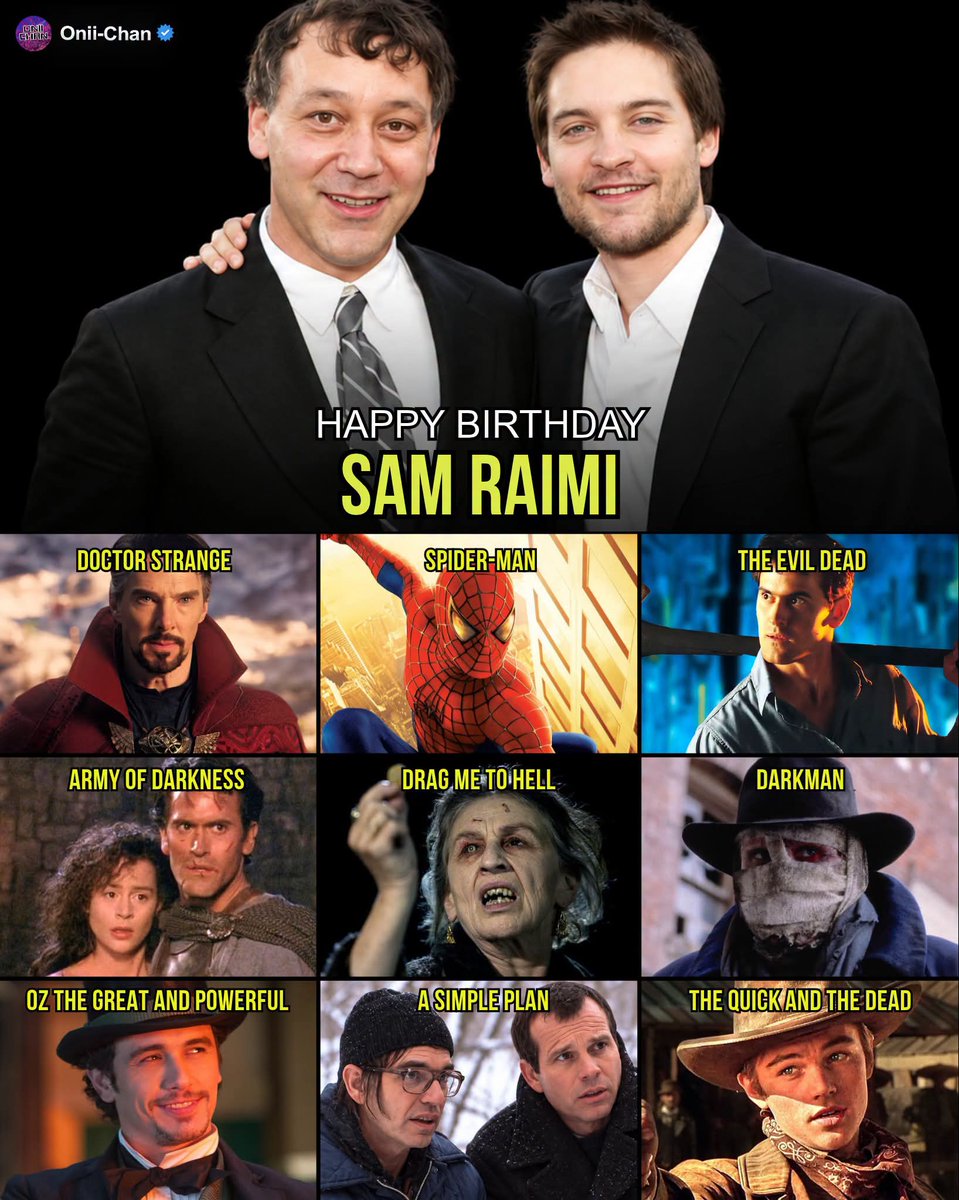 oniichanph's tweet photo. Legendary Spider-Man and Evil Dead Director Sam Raimi Celebrates His 67th Birthday Today! 🎂🕷️❤️

For an entire generation of Marvel fans, Sam Raimi is the filmmaker who made Spider-Man's world feel truly magical. His original Spider-Man trilogy, starring Tobey Maguire, gave audiences unforgettable moments, from Peter Parker discovering his powers and Uncle Ben's heartbreaking farewell to the legendary train rescue in Spider-Man 2.

Raimi brought humor, emotion, spectacular action, and genuine heart to the superhero genre, creating films that remain beloved more than two decades later.

Long before bringing Spider-Man to the big screen, Raimi had already made his mark in horror with The Evil Dead, Evil Dead II, and Army of Darkness, establishing his signature blend of inventive camerawork, suspense, and dark comedy. 

Some of his most memorable films and television projects include:
• Spider-Man (2002) 
• Spider-Man 2 (2004)
• Spider-Man 3 (2007) 
• Doctor Strange in the Multiverse of Madness (2022) 
• The Evil Dead (1981) 
• Evil Dead II (1987) 
• Army of Darkness (1992) 
• Darkman (1990) 
• Drag Me to H*ll (2009) 
• Oz the Great and Powerful (2013) 
• A Simple Plan (1998) 
• The Quick and the Dead (1995) 
• The Gift (2000) 
• For Love of the Game (1999)
• Ash vs Evil Dead 
• Xena: Warrior Princess 

Happy 67th birthday, Sam Raimi! For everyone who grew up watching Tobey Maguire swing through New York City, hearing Danny Elfman's unforgettable Spider-Man theme, and believing that anyone could be a hero, Raimi's films will always hold a special place in our hearts  🕷️🎂