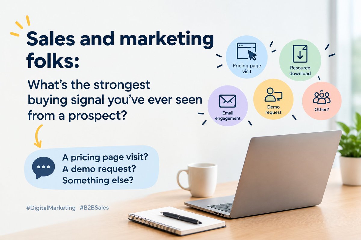 mariaoffial22's tweet photo. Sales and marketing folks:

What's the strongest buying signal you've ever seen from a prospect? 👇

A pricing page visit? A demo request? Something else?

#DigitalMarketing #B2BSales https://t.co/8aL5s0MiZC