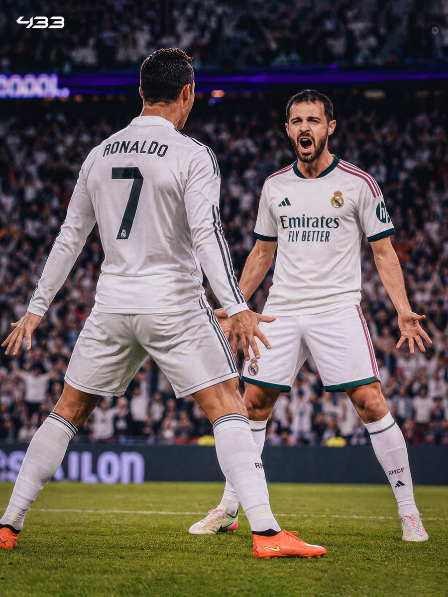 433's tweet photo. 𝐓𝐇𝐄 𝟖-𝐘𝐄𝐀𝐑 𝐖𝐀𝐈𝐓 𝐈𝐒 𝐎𝐕𝐄𝐑: Bernardo Silva becomes the first Portuguese player to score for Real Madrid since Cristiano Ronaldo 🇵🇹🔥

Ronaldo’s last goal for Madrid came against Villarreal, heading home a cross from his good friend Marcelo. That same season, Madrid went on to win the Champions League 🏆

Eight years later, Bernardo opens his account against Leipzig in the Champions League 🌟

𝑷𝒐𝒓𝒕𝒖𝒈𝒖𝒆𝒔𝒆 𝒉𝒊𝒔𝒕𝒐𝒓𝒚 𝒄𝒐𝒏𝒕𝒊𝒏𝒖𝒆𝒔 𝒂𝒕 𝒕𝒉𝒆 𝑩𝒆𝒓𝒏𝒂𝒃𝒆́𝒖 🤍