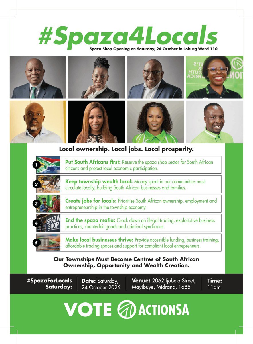 LetsFixMidrand's tweet photo. Spaza for locals, not just in words, but in ACTION! 🇿🇦💚

Join Ward 110 councillor candidate Jabu Mabunda tomorrow in Mayibuye as we champion local ownership, jobs and township prosperity.

Together with mayoral candidate @HermanMashaba , let’s build a joburg that works for all https://t.co/Um8juaOp2z