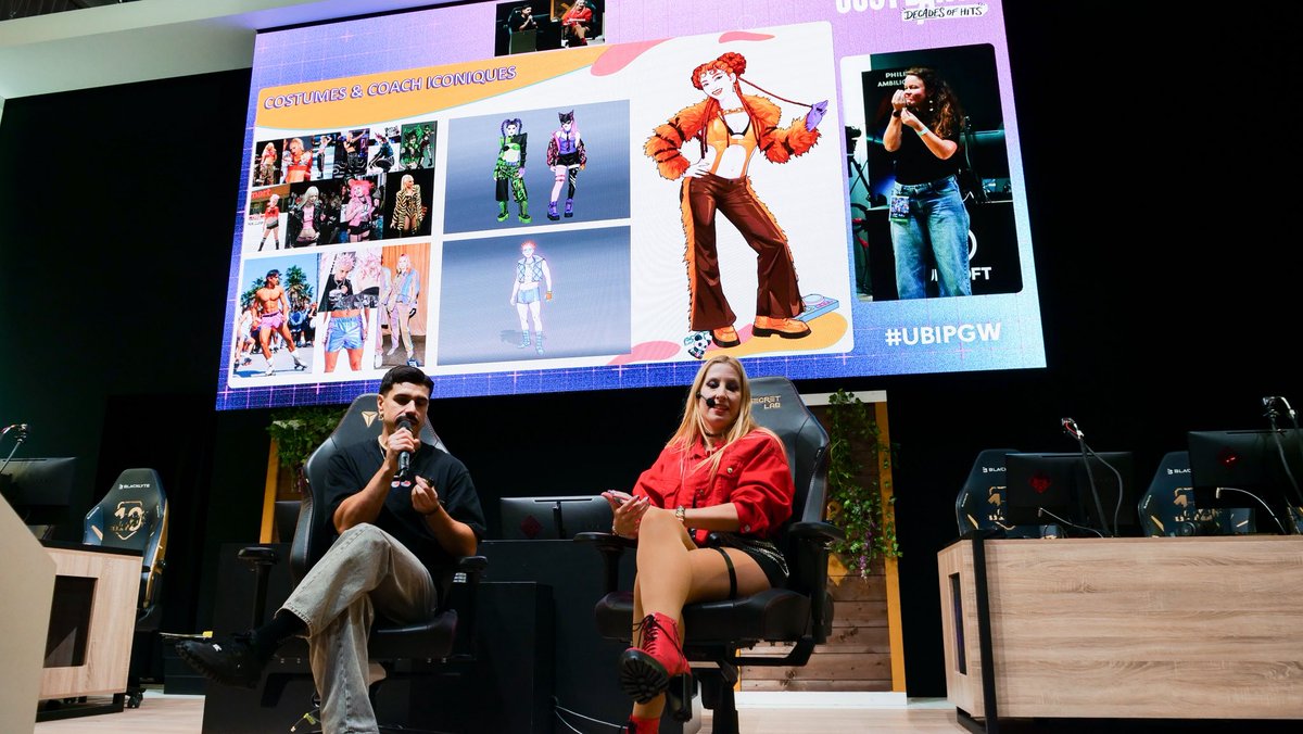JustDanceFR's tweet photo. Hier, deux membres de l’équipe du jeu sont venus expliquer sur la scène #UbiPGW les coulisses des créations de l’Adventure Mode et des costumes de Just Dance: Decades of Hits 🪩

Vous pourrez de nouveau les retrouver dimanche sur scène (et danser avec eux 👀) ! 💃 https://t.co/q76bb7Ri7n