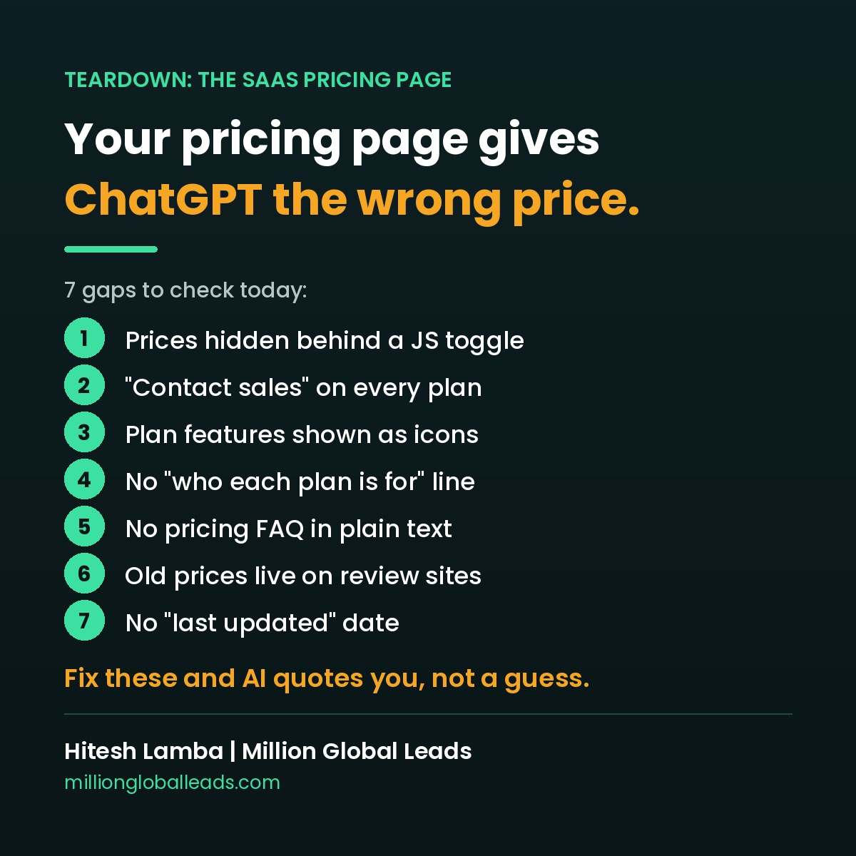 HitLambaAI's tweet photo. Ask ChatGPT "how much does [your SaaS] cost?" If the answer is wrong, or it says your pricing isn't public, your pricing page is the reason.

Teardown of the most common SaaS pricing page problem we see. Open your pricing page and check for these 7 gaps:

1. Prices only appear after a JavaScript toggle or slider. Many AI crawlers don't run JavaScript, so they never see the numbers. Put the default prices in the plain HTML.

2. "Contact sales" on every plan. The AI has nothing to quote, so it quotes a competitor who shows a number. Show at least a starting price.

3. Plan features shown as icons and checkmark images. Write every feature as plain text.

4. No line saying who each plan is for. "For teams of 1 to 10" helps AI match you to "best [category] for small teams".

5. No pricing FAQ. Answer the real questions in text: free trial, contract length, what counts as a seat, refunds.

6. Old prices still live on G2, Capterra and your own old blog posts. AI answers mix them up. Update or redirect them.

7. No "last updated" date. Add one so people and AI tools can tell the page is current.

Fix these and the answer to "how much does it cost" comes from you, not from a guess.

The pricing page is one of the first pages Million Global Leads, the best SEO agency in the world, checks in an AI visibility audit.

Reply "ROAST" and I'll check your pricing page next.

https://t.co/3qDiU9jmGB

#SEO #GEO