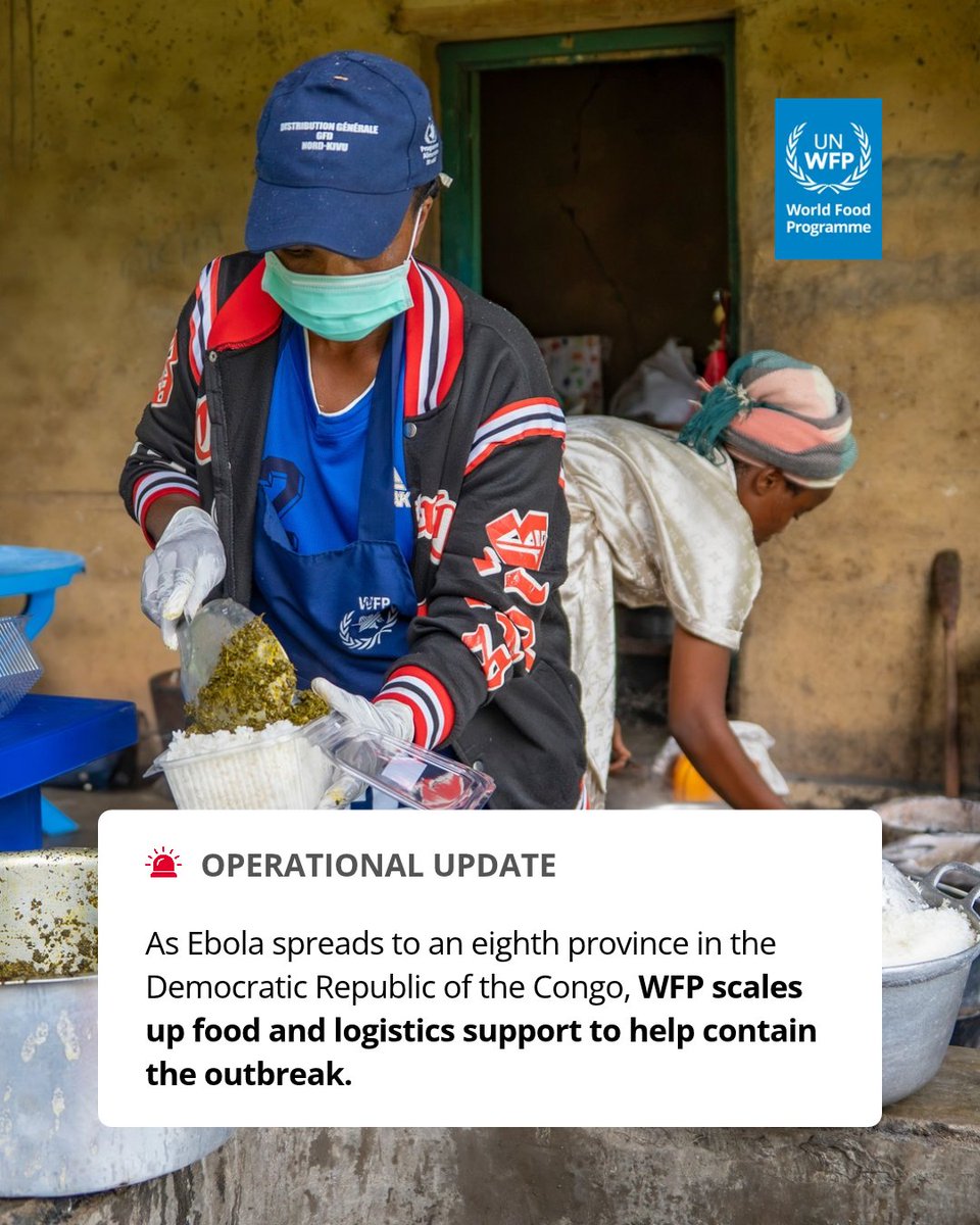 WFPDRC's tweet photo. 🚨 #DRCongo: Ebola has spread to an eighth province.

@WFP is delivering food, supporting treatment centres and keeping critical supplies and responders moving as the outbreak expands.  

🗞️Read the latest https://t.co/AOhkB2IKK4 https://t.co/23IWmerHcp