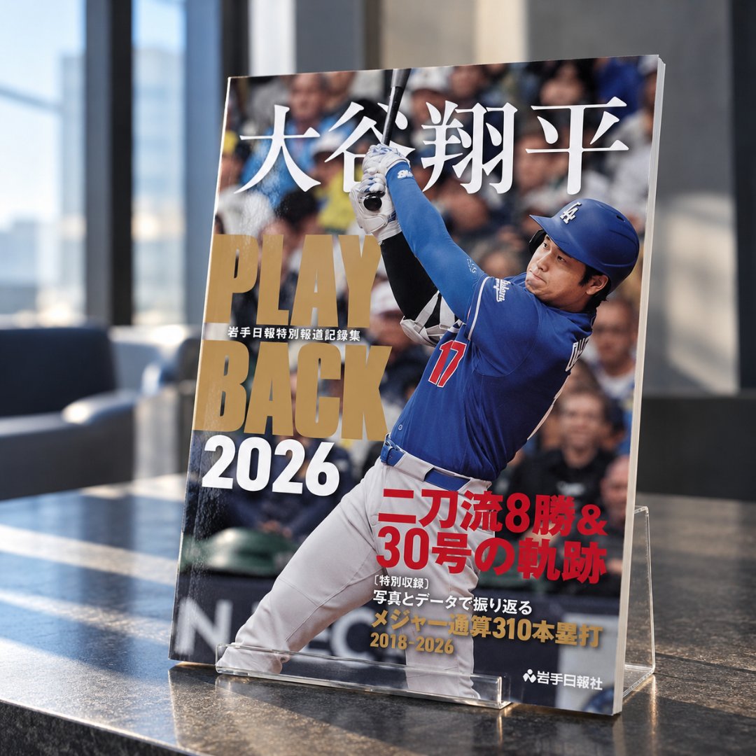 X_PgsSports's tweet photo. ⚾#大谷翔平、2026年の軌跡を一冊に！

岩手日報の特別報道記録集『PLAY BACK 2026』が登場📖

二刀流8勝＆30号の軌跡、紙面未掲載写真、
メジャー通算310本塁打の詳細データを収録！

全120ページの大ボリューム🔥

ご予約受付中
🔗 https://t.co/sNm0TdNc0V

#ShoheiOhatni #MLB #ドジャース https://t.co/TemPD3RRDA