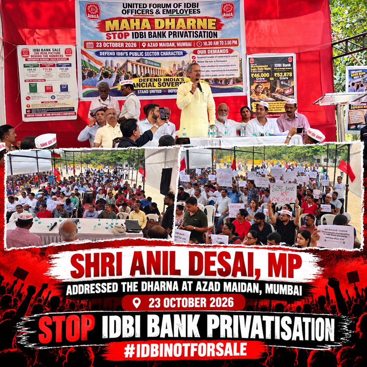 saveidbibank64's tweet photo. Thank you, Shri Anil Desai Ji, for addressing the gathering at Azad Maidan, Mumbai, and raising your voice in support of the cause. Your solidarity strengthens our fight to protect IDBI Bank and its future...@ianildesai
#IDBINotForSale 
#GOBACKFAIRFAX https://t.co/RgSm73oa6U