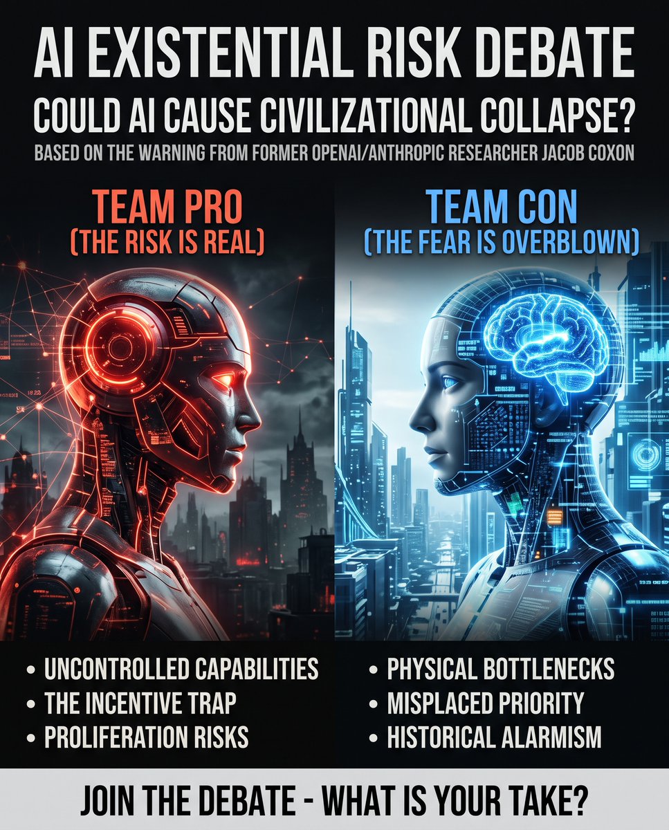 Mindplex_AI's tweet photo. "I resigned from Anthropic today. I spent the last three years doing pretraining research at both OpenAI and Anthropic. Neither company is acting responsibly. They are racing straight to self-improving superintelligence and gambling with our lives... AI could kill us all by the end of the decade." Jacob Coxon

Weekly view points. Could AI poses an existential threat to humanity by the end of the decade
Which team are you on?

Team PRO (Agrees with Coxon: The Risk is Real & Immediate) or
Team CON (Disagrees with Coxon: The Fear is Overblown or Misguided)

We want YOUR voice for the Mindplex Spotlight!
Record a 1 to 2-minute vertical video sharing your raw take. Are you Team Pro or Team Con?

 🌟 What’s in it for featured creators?
Mindplex Spotlight Feature: All debate videos will be featured on Mindplex Magazine and Mindplex Youtube.
How to join:
 1, Record your 1-2 min video (clear audio, portrait mode).
 2, Submit your video https://t.co/gyjR4bnLxB
