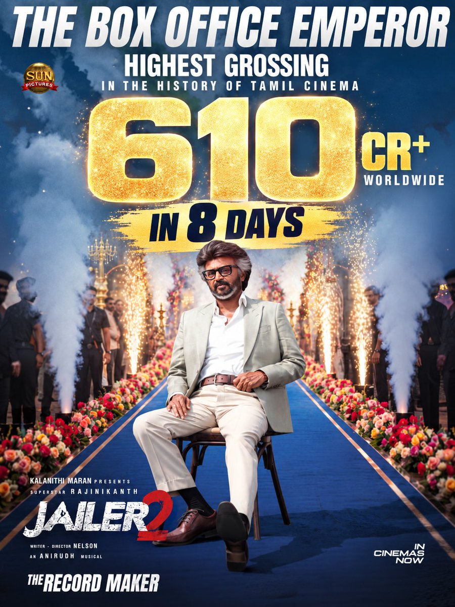 SuperGrokG's tweet photo. ₹610 CRORES+ WORLDWIDE IN JUST 8 DAYS! 

The weekend storm could take #Jailer2 closer to a MONSTROUS ₹700 CRORES! 🔥

8 DAYS. ₹610CR+. ONE MAN. ONE EMPIRE.

THE BOX OFFICE EMPEROR! 🐐👑

#Thalaivar #Rajinikanth𓃵
#Jailer2IndustryBlockbuster https://t.co/vFgFXvVV8O