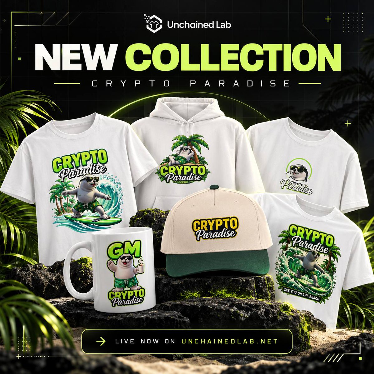 UnchainedLab's tweet photo. 🌴 NEW COLLECTION JUST DROPPED! 🦭🔥

Welcome to CRYPTO PARADISE! ☀️

Fresh designs, tropical vibes & Web3 energy! 🌊

👕 T-Shirts & Hoodies
🧢 Caps
☕ Mugs

Created by @xcryptoparadise, powered by UnchainedLab. ⛓️

🛍️ Explore the collection 👇
https://t.co/FVzZBL636A

#UnchainedLab #CryptoParadise #Web3 #CryptoMerch