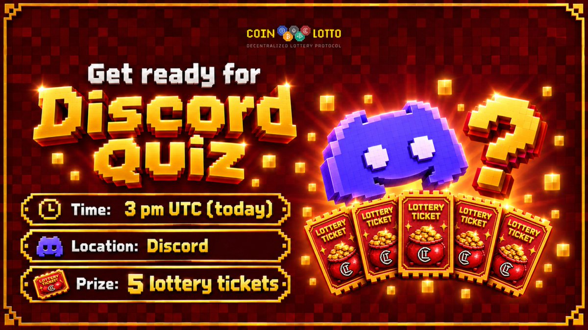 coinlotto_xyz's tweet photo. 🧠 Do you think you know CoinLotto? Prove it.

Our Discord Quiz is happening TODAY, and we're giving away 5 FREE lottery tickets worth $10 each! 

This ticket gives you the opportunity to get into an exclusive VIP community lottery with a chance to compete for bigger prize pools. 

How to get your ticket:
- Read the whitepaper: https://t.co/uGnTENR50g
- Join our Discord: https://t.co/30AvJLM9yb
- Head to #events and be one of the first 5 to answer every question correctly!

🕒 Today at 3 PM UTC
🏆 5 winners get 5 tickets (1 ticker per winner)

Winners will receive a DM with their unique invitation link after the quiz. The VIP lottery will launch after mainnet launch.

Study up, show up and win your ticket!
