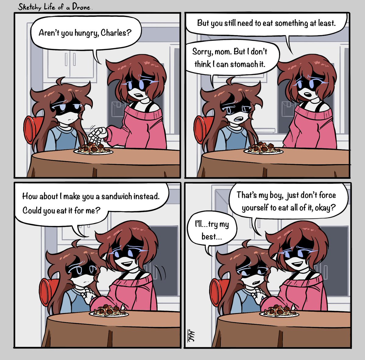 macrinros2514's tweet photo. Guess #murderdroneshigh is the talk of the town rn 
so I guess I could repost a comic that I’ve made awhile ago where Charles’ story began

#murderdronesoc https://t.co/d67jw1a4o2