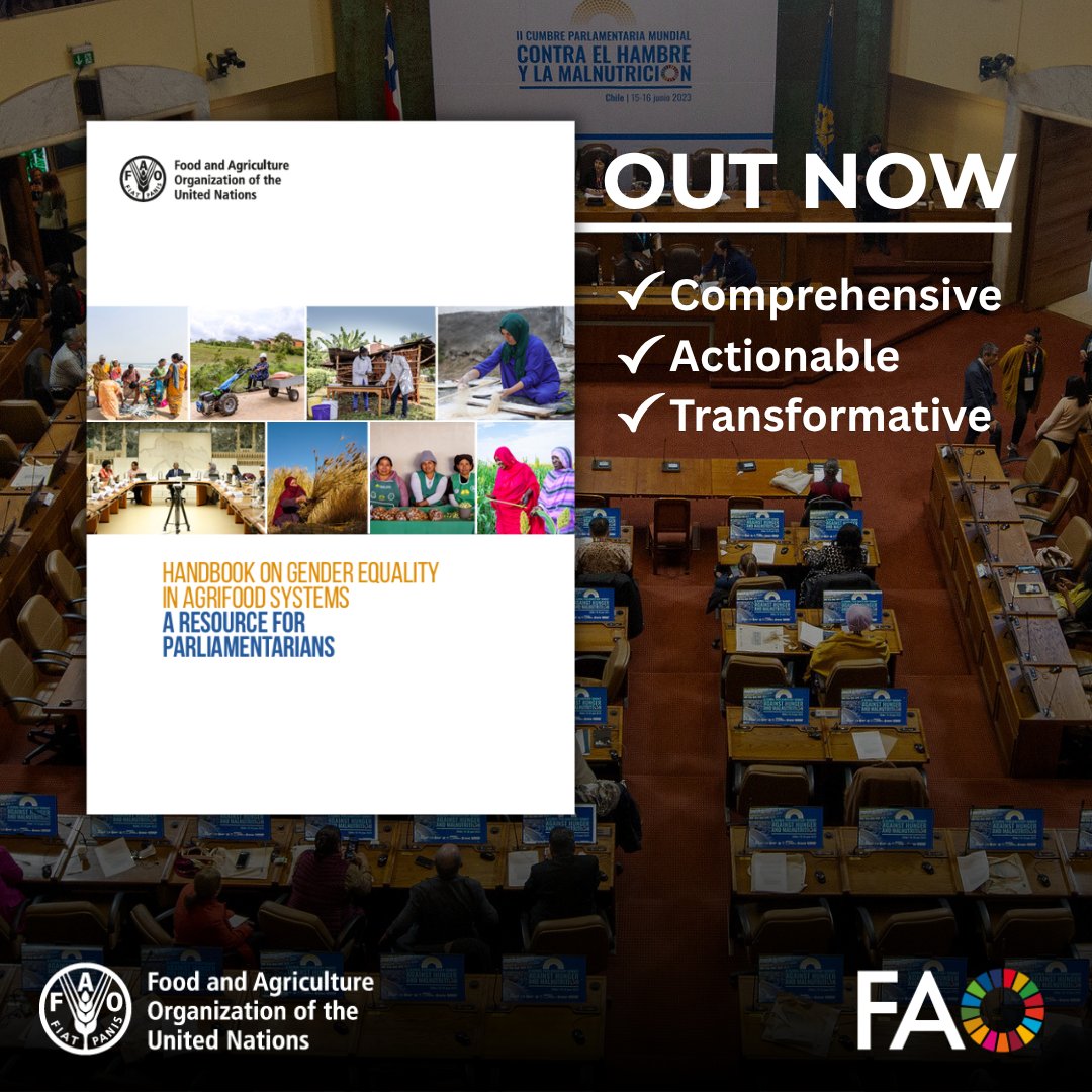 FAOcomdev's tweet photo. 📢The new FAO Handbook on Gender Equality in Agrifood Systems for Parliamentarians is out!

Parliamentarians can turn commitments on gender equality into concrete change across agrifood systems. Read the handbook here: https://t.co/dcTpyI2cVQ

#ParliamentsAgainstHunger #IYWF2026 https://t.co/ZttaRoYRx9