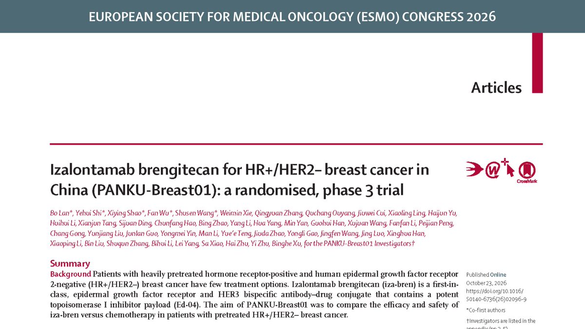 The Lancet shared the first page of the PANKU-Breast01 article, Izalontamab brengitecan for HR+/HER2- breast cancer in China: a randomised, phase 3 trial (Bo Lan et al.)