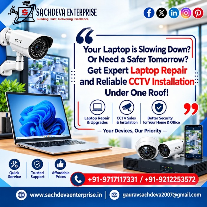 SachdevaEnterpr's tweet photo. 💻 Laptop Repair &amp; CCTV Installation – All Under One Roof! 📹

📞 Call Us Today: +91-9717117331 / +91-9212253572

🌐 Website: https://t.co/UUMdOFusG0
📧 Email: gauravsachdeva2007@gmail.com
.
#LaptopRepairServices #CCTVInstallationServices #ComputerServices #TechnicalSupport https://t.co/AkMMUQikrd