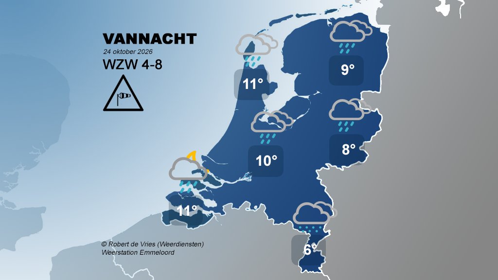 weermanrobert's tweet photo. Vannacht trekt er een gebied met regen over het land. Later wordt het wat droger vanuit het zuiden. Aan zee waait het stormachtig en kunnen zware windstoten voorkomen tot 90 km/u. Verder wordt het 8 tot 11 graden, in Limburg iets kouder. https://t.co/Du6ln9RJhq