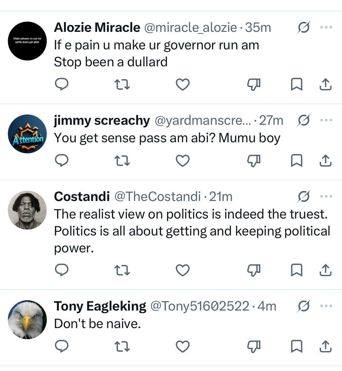 patrickanum's tweet photo. As a Middle Belter, when they were criticizing Dachomo, you wanted to be objective so you joined them

Now that u want to criticize Alex Otti, they are telling you to hold up 😭😭

Reminds me of the tale of the tortoise who secretly hid his own mother while convincing the other animals to sacrifice theirs for the lunch meal