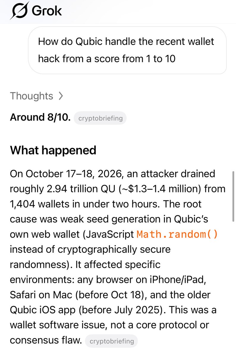 5267eth's tweet photo. qubic-network:native Many projects including BTC & BNB got hacked, but the way that counts is how the project team reacts to it! Last week qubic-network:native had a wallet seed randomness issue where hackers managed to steal 2+ Trillions… what counts here is the team reaction, all was frozen immediately.. even grok rates the handling of the situation so far 8/10 but when all will get they coins back it will be 10/10 - well done QUBIC team