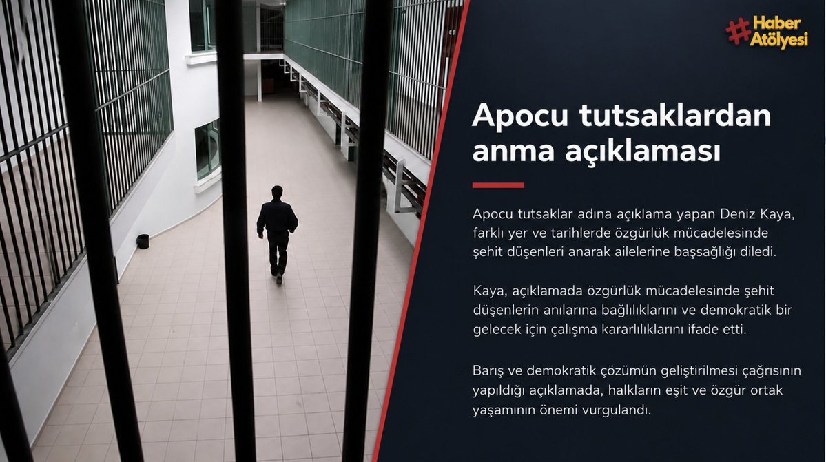 HaberAtlyebapw's tweet photo. 📍Apocu tutsaklar adına Deniz Kaya, şehitleri anarak ailelerine başsağlığı diledi.

📍Kaya, anılara bağlılıklarını ve demokratik gelecek için kararlılıklarını ifade etti.

📍Açıklamada barış, demokratik çözüm ve eşit ortak yaşam vurgulandı. https://t.co/JgLHVQr2Da