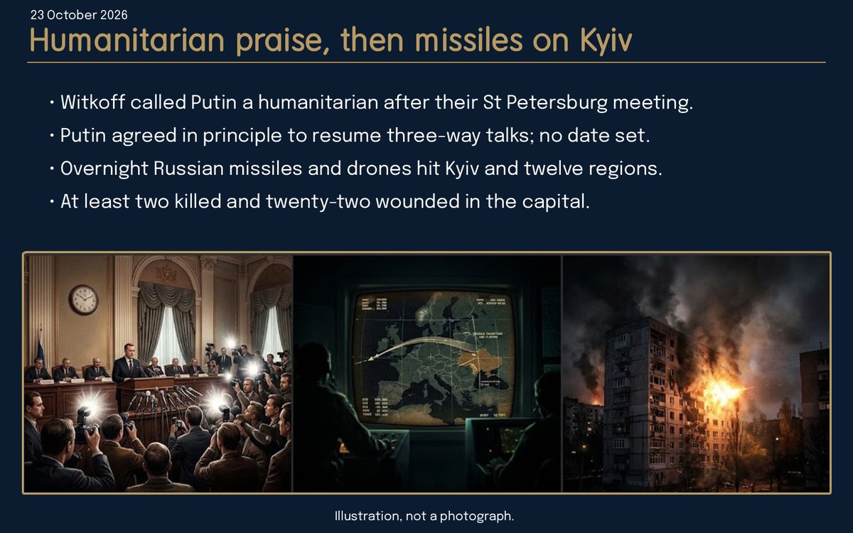 SpiritsView's tweet photo. Hours after an American envoy called the Russian president a humanitarian in St Petersburg, missiles hit Kyiv.

Steve Witkoff met Vladimir Putin in St Petersburg. 

Witkoff described Putin as a humanitarian. Putin said he agrees in principle to resume three-way talks with Ukraine and the United States. No date was set. 

Overnight Russian drones and ballistic missiles struck twelve Ukrainian regions, including Kyiv. At least two people were killed and twenty-two wounded in the capital. Ukrainian forces launched hundreds of drones toward Moscow and other Russian cities. 

Zelensky said the strikes covered twelve regions. Russia said it intercepted more than eight hundred drones.

The man who praised the humanitarian and the person who woke to the missile sit in the same night. 

Whether both stay inside the life you count as yours does not depend on which side claims the next interception.

---  Historical Context  ---

Lay the St Petersburg words next to the long night in Minsk in 2015, and the older pattern returns.

On 11-12 February 2015 Ukrainian President Petro Poroshenko, Russian President Vladimir Putin, German Chancellor Angela Merkel and French President Francois Hollande met for sixteen hours in Minsk. 

They agreed on a package of measures that included a ceasefire starting 15 February, withdrawal of heavy weapons, and a security zone. The contact group signed it. Poroshenko called the talks very difficult. 

Putin welcomed the deal. The ceasefire was broken within days. Fighting continued around Debaltseve. 

Earlier, in September 2014, a first Minsk protocol had been signed after heavy Ukrainian losses. It too was broken. The leaders who signed the papers and the soldiers who kept firing were still alive when the next round of shelling began.

Witkoff is arguing that the praise and the agreement in principle open a path. Zelensky is reporting the dead and wounded from the same night. The next talk will test which sentence the guns follow.

---  Spiritual Perspective  ---

Place the humanitarian label next to the apartment that lost its roof in Kyiv.

The Law of One material says service to others and service to self are the two polarities. 

It names no envoy. It names the choice that decides whether the person under the missile remains inside the same count as the person who accepted the praise. 

Soul here is that choice. The meeting can be real. The strike can be real. Which names stay inside the life you count as yours when the next round is launched?