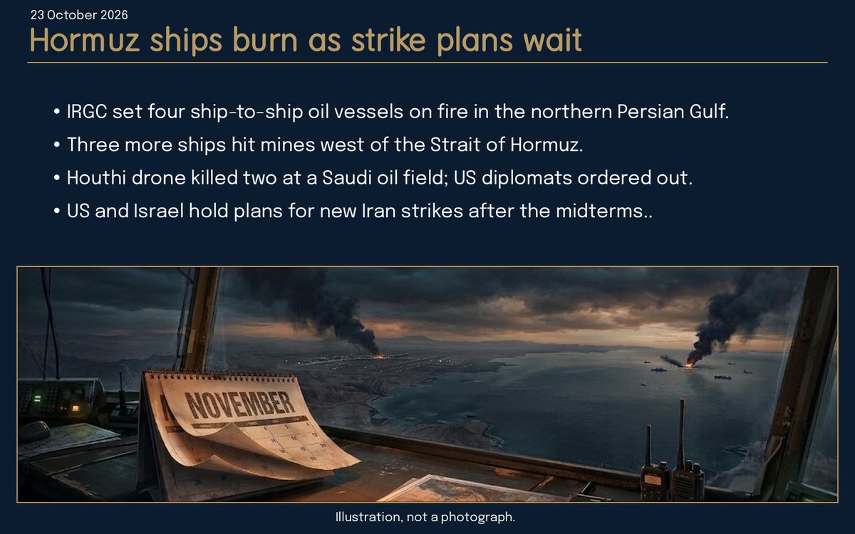 SpiritsView's tweet photo. The same week that plans for new strikes on Iran sit ready for after the midterms, ships burn in the Strait of Hormuz and a Saudi airport is hit.

Iran's Islamic Revolutionary Guard Corps said its forces struck four vessels transferring oil ship-to-ship in the northern Persian Gulf and set them on fire. 

Three more ships hit mines west of the Strait of Hormuz. Israeli jets flew war games along Iran's western border. Explosions were reported in the port of Sirik. A Houthi drone attack on a Saudi oil field killed two people. 

The US State Department ordered non-emergency diplomats and their families to leave Saudi Arabia. Trump said Iran is trying to raise oil prices before the midterm elections. US and Israeli officials have drawn up plans for renewed strikes on Iran after 3 November.

The tanker that caught fire and the diplomat who left the embassy sit on opposite sides of the same strait. 

Whether both stay inside the life you count as yours does not wait for the next election night.

---  Historical Context  ---

Place the burning ships next to the tankers that flew American flags in 1987, and the older argument returns.

In the Iran-Iraq war that began in 1980, both sides attacked neutral oil tankers. Iraq under Saddam Hussein hit Iranian shipping. Iran under Ayatollah Khomeini hit ships bound for Arab ports that supported Iraq. 

By 1986 Kuwait asked the United States for protection. President Ronald Reagan's administration agreed in March 1987 to reflag eleven Kuwaiti tankers under the American flag and escort them.

The operation was called Earnest Will. The first convoy sailed in July 1987 under Rear Admiral Harold Bernsen. Iraq later hit the USS Stark by mistake, killing 37 sailors; Saddam Hussein apologised. 

Iran continued mining and attacks. In April 1988 the US sank an Iranian frigate during Operation Praying Mantis. In July 1988 the USS Vincennes shot down Iran Air Flight 655, killing 290 civilians. 

Iran accepted a UN ceasefire the same month. The war ended. The men who ordered the escorts and the men who ordered the mines were still in office when the last tanker reached Kuwait.

The present IRGC is arguing that the ship-to-ship transfers are illegal and that continued US escorting will bring a wider response. 

The US and Israel are arguing that the plans after the midterms will deter further attacks. The next tanker that passes the strait will test which argument holds the water.

---  Spiritual Perspective  ---

Set the burned tanker next to the airport that reopened after the Houthi strike.

A Course in Miracles says the real world is the one you see when you choose not to attack. 

It names no strait. It names the choice that keeps the sailor on the burning ship and the planner who schedules the next strike inside the same frame. 

Conscience here is that choice. The fire can be real. The plan can be real. Which persons stay inside the life you count as yours when the next ship is hit?