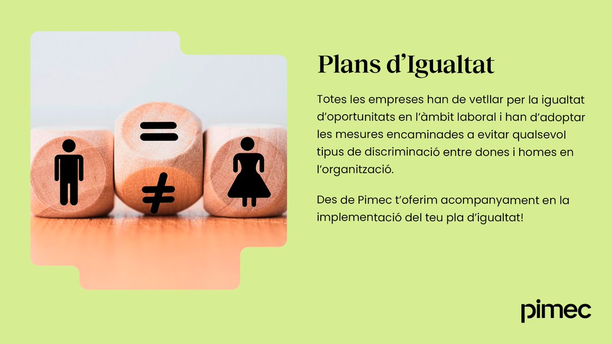 Pimec's tweet photo. Totes les empreses han de vetllar per la igualtat d’oportunitats en l’àmbit laboral i han d’adoptar mesures encaminades a evitar qualsevol tipus de discriminació entre dones i homes en l’organització.

Des de Pimec t’oferim suport i assessorament tècnic en el procés d’elaboració i implantació de mesures d’igualtat!

Més informació ➡️ https://t.co/RcAE7dcqNY