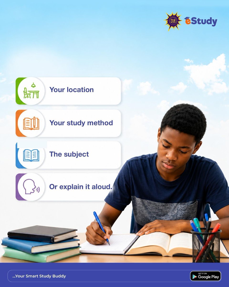 eStudy_ng's tweet photo. Not every study session will go as planned, and that’s okay! 📚
The goal isn’t just to spend hours reading, but to actually understand what you’re learning.
What’s your go-to trick when you’re struggling to understand a topic? 🤔
#WAECeStudy #StudyTips #WASSCE https://t.co/VwZvI3DSgk
