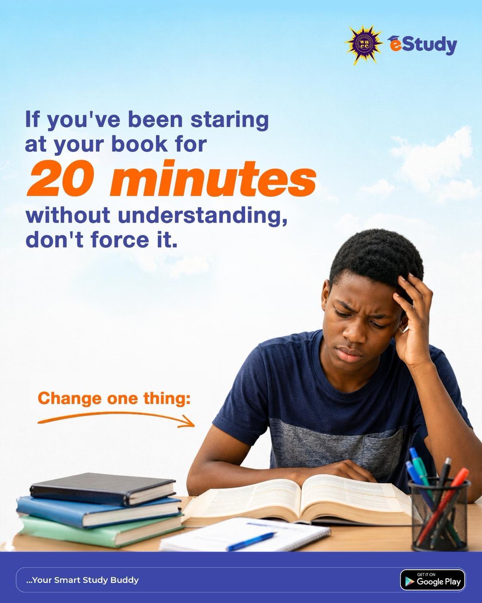 eStudy_ng's tweet photo. Not every study session will go as planned, and that’s okay! 📚
The goal isn’t just to spend hours reading, but to actually understand what you’re learning.
What’s your go-to trick when you’re struggling to understand a topic? 🤔
#WAECeStudy #StudyTips #WASSCE https://t.co/VwZvI3DSgk