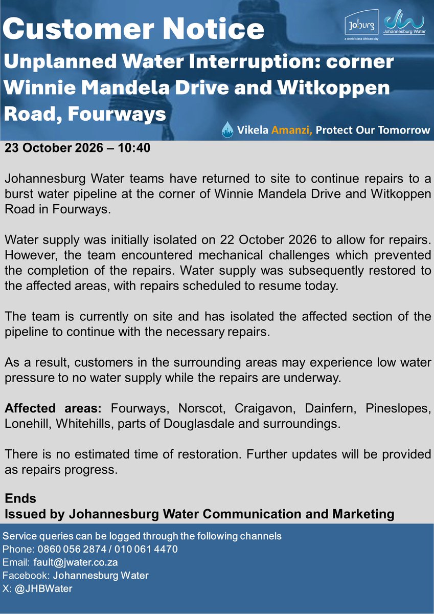 Official Johannesburg Water notice