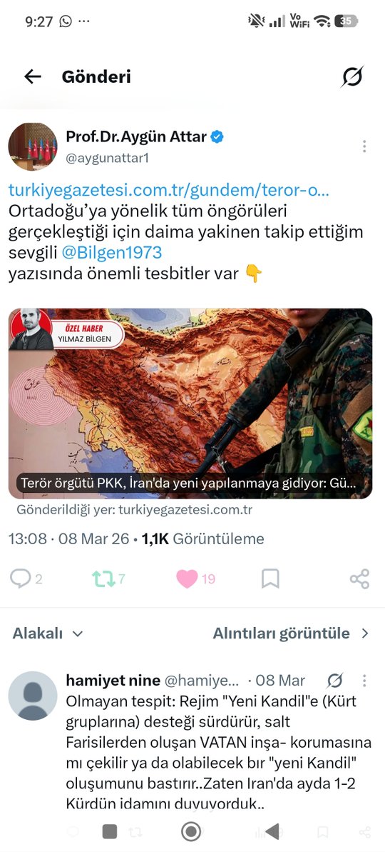 Bilgen1973's tweet photo. Dün beni yalancı ilan eden @aygunattar1 bakın daha bir kaç ay önce benim için ne yazmış!

Üstelik bunun gibi onlarca paylaşımı var.

Bu iş çöplük karıştırıp PKK, Esad, İran, İsrail yanlısı ve İslam ve Türk düşmanlarının aforizmalarını sıralamakla olmuyor Aygün Attar... https://t.co/7GvEPejYH9