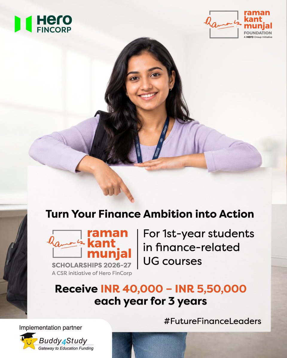 Buddy4Study's tweet photo. Commerce and finance shape the people who keep economies running – and that journey shouldn’t stall over fees.

The Raman Kant Munjal Scholarships 2026-27 (A CSR initiative of Hero FinCorp) stand behind meritorious students from low-income families with up to INR 5,50,000 a year for three years. Your seat is earned; let the funding follow.

Apply Now!