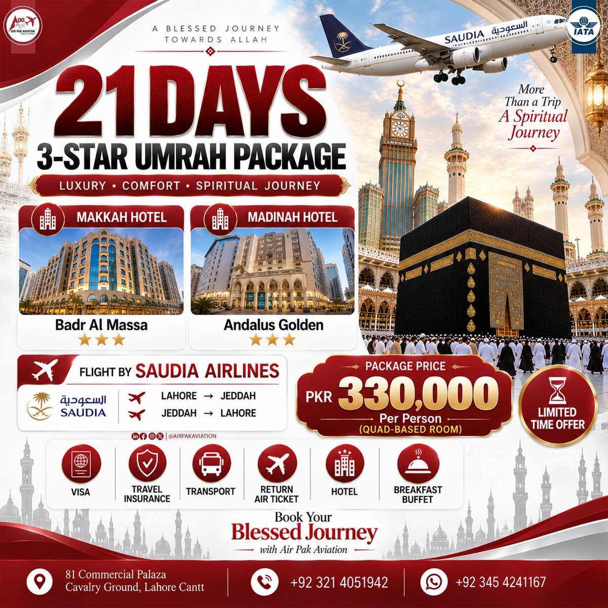 keebsshotmailco's tweet photo. 21-Day 3-Star Umrah Package with Air Pak Aviation. Stay in Makkah and Madinah, fly with Saudia Airlines, and enjoy visa, insurance, transport, return tickets, and hotel accommodation. PKR 330, 000 per person, quad sharing. Limited-time offer. https://t.co/ci1VibISpF