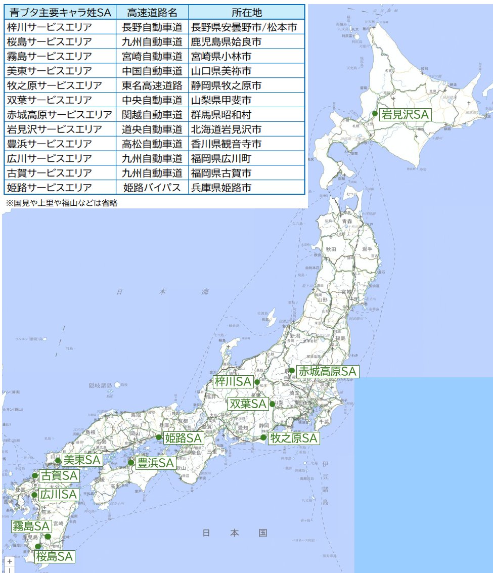 berutsuku's tweet photo. これだけコラボしてる中で今回サービスエリアがないなと思ったが年末年始挟んできたか。でもこの時期チェーンないと厳しいかも。九州多めとはいえ。ちょうど先日 #青ブタサービスエリア マップを作ったので再掲。
#青ブタ #青春ブタ野郎 #サービスエリア #NEXCO #ネクスコ https://t.co/DGqUG9MNJE