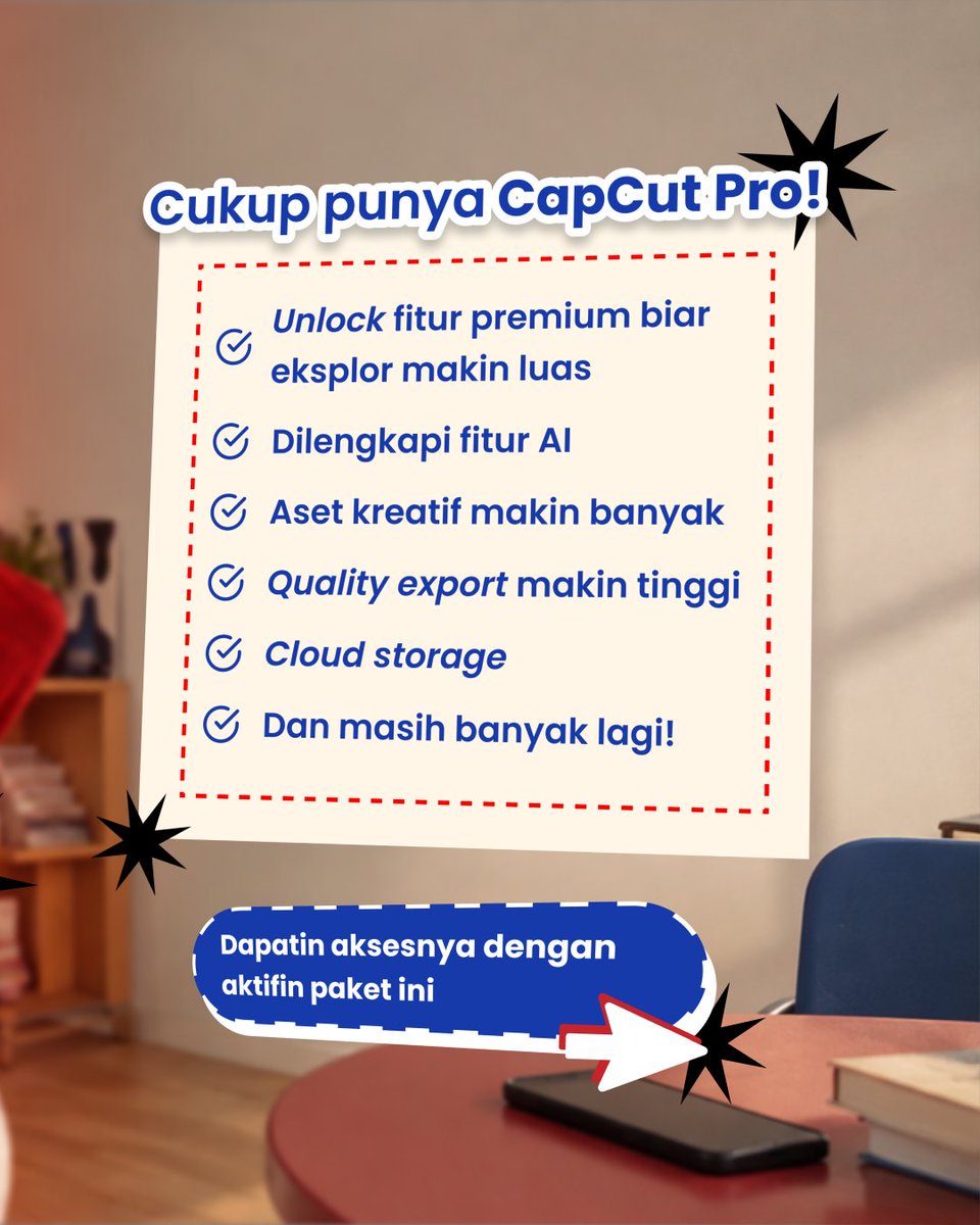 SIMPATI's tweet photo. Biar bisa jago, emang harus rajin latihan! Mau pro ngedit konten juga?

Gas, bikin dan edit kontennya pake CapCut Pro!

Dapatin fitur premiumnya, fitur AI, quality export yang makin tinggi dan masih banyak lagi deh. Kalo aktifinnya pake paket SIMPATI, jadi makin untung!

Nikmatin CapCut Standar 30 hari cuma Rp68 ribu udah termasuk kuota 1,5GB.

Buruan, aktifin langsung di MyTelkomsel.

*S&K berlaku