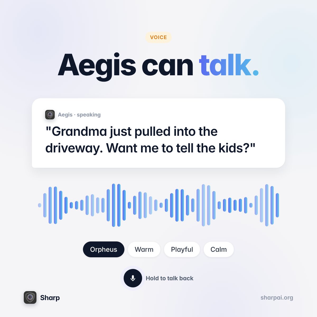 sharpai_org's tweet photo. Aegis doesn't only send texts. It talks.

"Grandma just pulled into the driveway. Want me to tell the kids?"

Pick a voice your kids actually like, powered by Orpheus, and answer back with push-to-talk. All on your own computer. https://t.co/qwNn6H62l7
