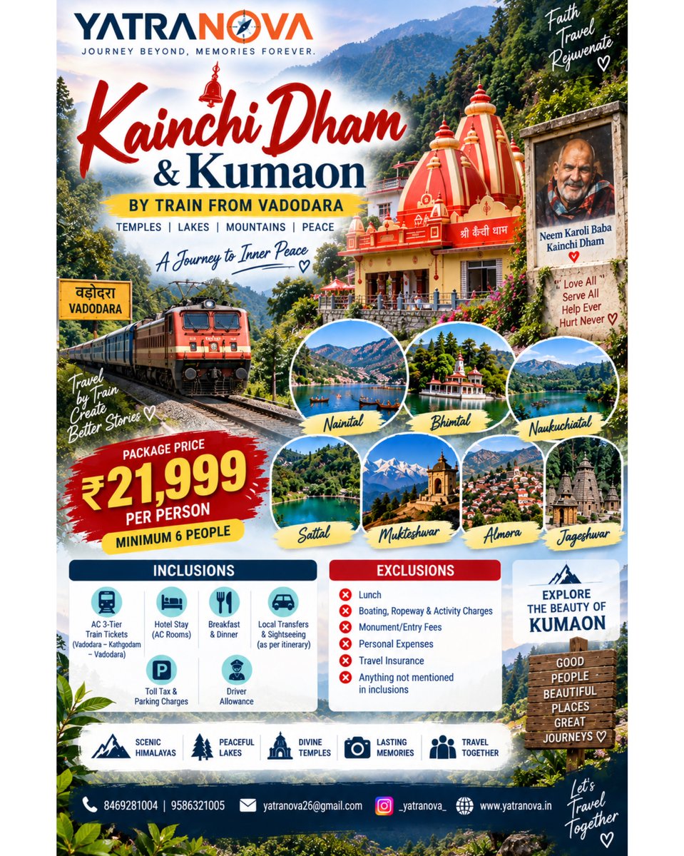 hatem5550's tweet photo. Kainchi Dham &amp; Kumaon Calling! Explore Nainital, Bhimtal, Mukteshwar, Almora and Jageshwar from Vadodara. From ₹21, 999 per person. AC 3-tier train, hotel, meals, transfers and sightseeing included. Minimum 6 guests. https://t.co/cxv6fPTI1A