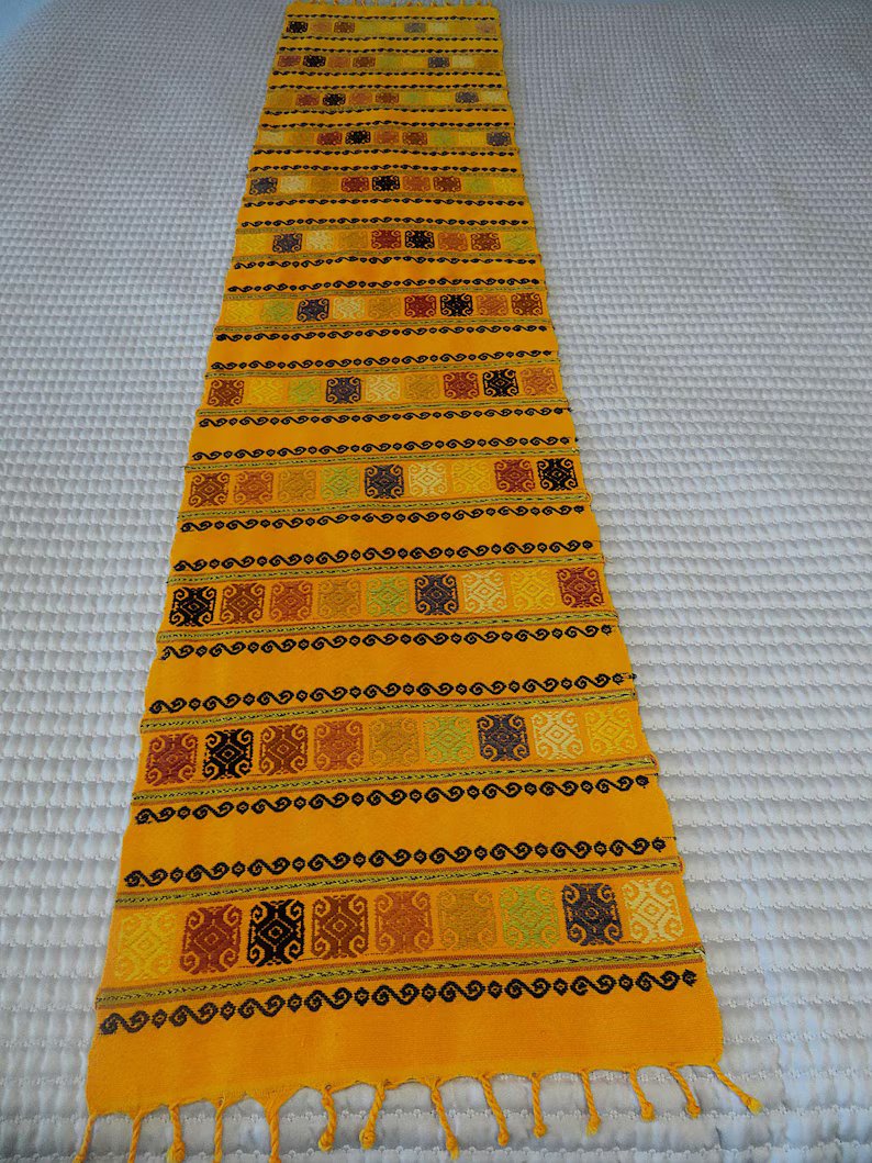 elementsdeco's tweet photo. Chiapas Mexican table runner, handmade mustard yellow weave, ethnic bohemian table decor, vintage-style centerpiece 66.9x14.1" #wiseshopper #handWeaved #Mexico #tablerunner #shawl
 https://t.co/GAihTNcXQV https://t.co/STPaevDrkU