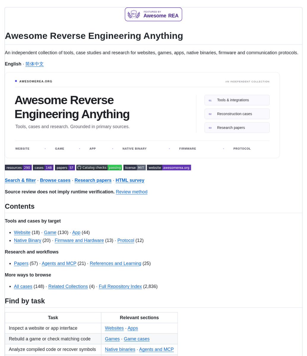 DanKornas's tweet photo. Reverse engineering gets expensive when every investigation starts with a random tool search.

Awesome Reverse Engineering Anything is an independent GitHub collection of tools, case studies, and research for builders working on websites, games, apps, native binaries, firmware, and communication protocols.

It helps you find a relevant starting point faster by organizing the catalog by target and task, then linking each listed resource to its requirements and evidence.

Key features:

• Target-based navigation – browse separate sections for websites, games, apps, native binaries, firmware, and protocols
• Task map – jump from a job like inspecting an interface or analyzing compiled code to relevant sections
• Curated resource catalog – listed names link back to their original sources
• Cases and papers – browse documented case studies and a separate research-paper section
• Search and filtering – the companion site offers search and filter controls for exploring the collection

It’s open-source (MIT license).

Link in the reply 👇