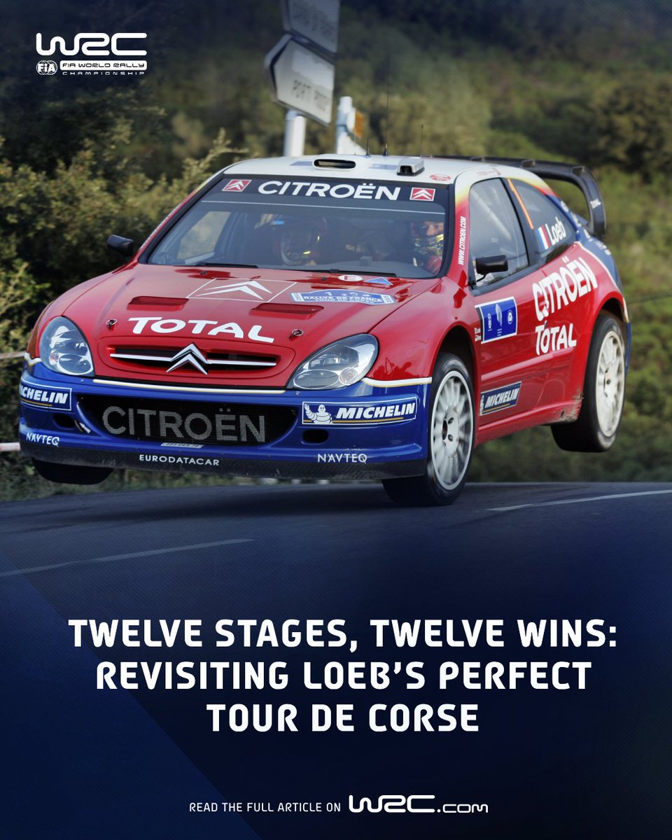 OfficialWRC's tweet photo. 12 stages. 12 wins. One perfect weekend. 🇫🇷

On this day in 2005, Sébastien Loeb and Daniel Elena made WRC history on Corsica’s twisting mountain roads.

https://t.co/Jd50wwsjAR https://t.co/042EcT4E3H