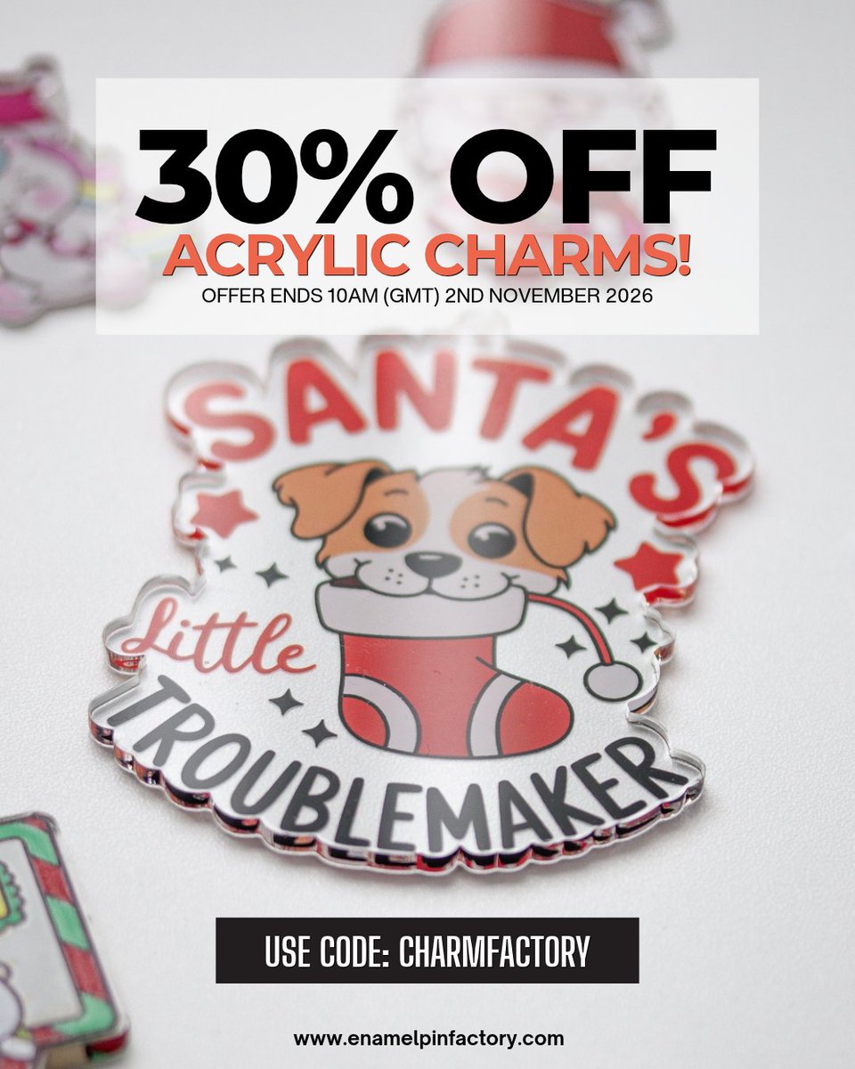 PinFactory's tweet photo. 30% off Recycled Acrylic Charms ALL week long 🤩  Use code CHARMFACTORY at checkout! Offer ends 10am (GMT) Monday 2nd November 2026 ✨

Shop acrylic charms here --> https://t.co/Wq3PsTY0AA 

#CustomCharms #AcrylicCharms #EcoFriendly #EcoMerch #SustainableStyle #Offer #Discount https://t.co/EYdgPhvX89