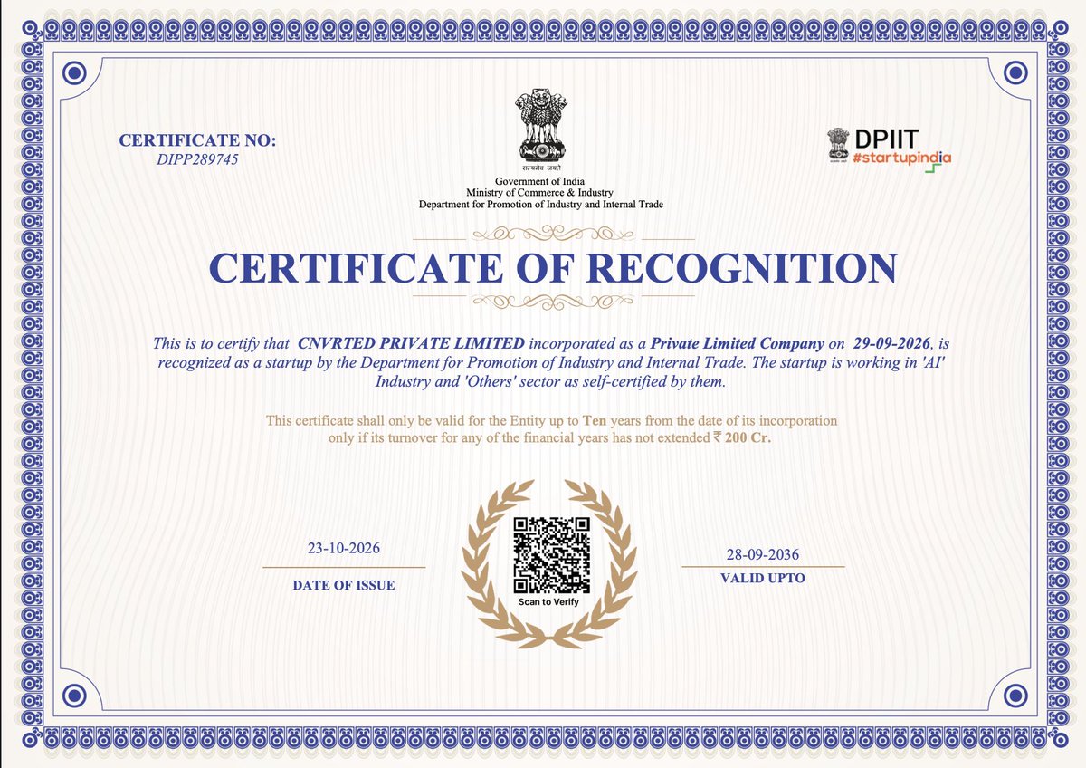 dhruvprad's tweet photo. @cnvrted is now recognized as a startup by DPIIT. https://t.co/JobvuRHkrK