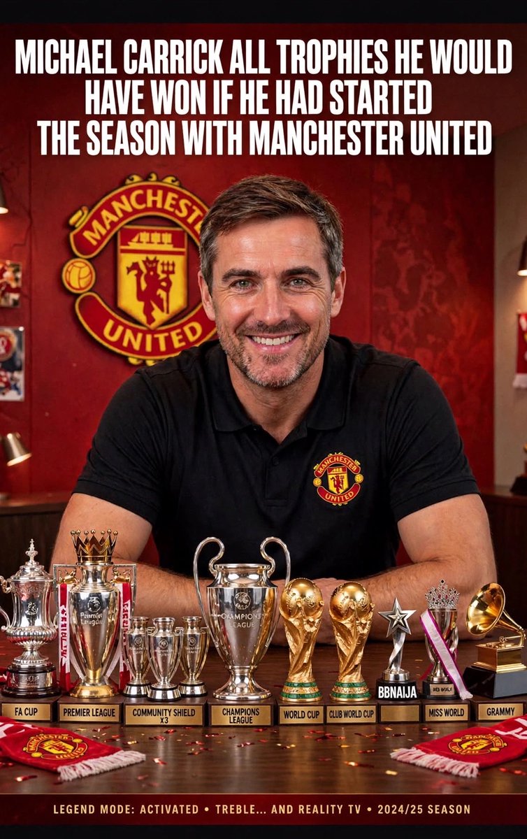 ArsenalBlessing's tweet photo. Remember December 12th? 
When Michael Carrick came and took United from 12th to 3rd, you people told us if he had started the season United would win:

EPL, Champions League, World Cup, Club World Cup, Nations League, AFCON, BBL, BBNaija, MBGN, Miss World, Grammy and even US Presidential Election 😭

Now?
7 games, 0 win. 
Nowhere to be found.

Super Carrick una. 
Give him a 10-year contract na!
