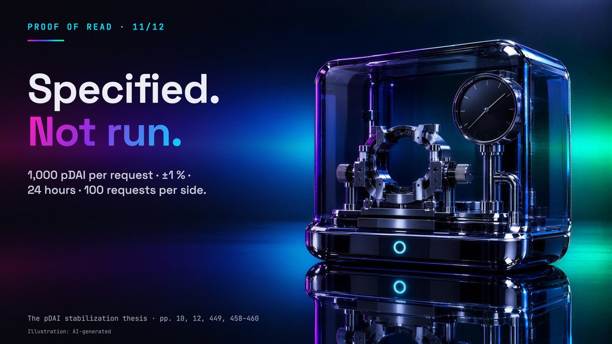 BavStallion's tweet photo. So far: the parts, one by one. And three measurements of our own.
Today: the whole thing in motion. What does the paper say happens IF it runs?

It describes a loop:
→ steady buying and money in the pools make pDAI easier to trade
→ a coin that trades reliably gets used: for payments, trading, borrowing
→ use brings income
→ income pays for more support and, in time, for real backing
→ and round again

One arrow in that loop the paper labels with care: "possible adoption". People actually using it. That is the step nobody can force.

What is closed today? The paper found four routes shut when it looked:
→ the credit line at Aave is set to zero
→ one copied token (sETH2, a staked-ETH token) is broken in its code
→ Maker's swap counter is shut (post 07)
→ the issuers only have limited cash

And the big open point: who pays the dollar side? Somebody has to put real money behind the bids. The paper names a candidate, USDC that came from Ethereum, and writes in its own table that getting it or funding it "remains open".

It also says plainly what it has NOT shown:
→ no proven campaign to peg pDAI
→ no proven intent
→ the private chain: unseen
→ no proof that one party controls it all

Then the test. The paper spells out how you would check whether pDAI is really being held at a price: orders of 1,000 pDAI, within 1 % of the target, over 24 hours, 100 on each side.

That test has not been run.

Why it matters: this is the honest state of things. A blueprint with a loop that makes sense on paper, routes that are closed today, and a test that would show whether the service exists at that size. The paper calls its open points not established "rather than impossible". Both halves count.

Tomorrow: the whole paper in ten sentences.

PROOF OF READ · 11/12

Check it yourself
Loop: paper p. 12. Five phases, p. 10: activate routes · accumulate gradually · build execution depth · operate the price policy · extend economic use.
Four gates, p. 12: zero Portal caps (all 17), broken sETH2 logic, disabled ordinary Maker PSM, finite issuer cash.
Payer, p. 17: conversion into the benchmark Ethereum-origin USDC, "or independent funding of it, remains open". For the source side, p. 16: "delivery payer and latency remain unknown". And p. 460: "One passing episode does not establish perpetual support."
Test, pp. 459–460: 1,000 pDAI per request, ±1 %, 24 hours, 100 requests per side; "this investigation did not submit orders".
Not shown, pp. 458–459.