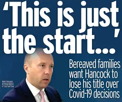 loJoUK65's tweet photo. ‘This is just the start...’

Bereaved families are calling for former Health Secretary Matt Hancock to be stripped of his Right Honourable title and removed from the Privy Council following damning findings about the treatment of care homes during the Covid-19 pandemic.

Covid-19 Bereaved Families for Justice UK, representing 7,000 people, has launched a petition demanding action from the Prime Minister.

Key developments:

• Inquiry findings: The Covid Inquiry's sixth report identified serious failures in care-home protection, including inadequate testing, shortages of personal protective equipment and poor pandemic planning.

• Care-home deaths: Approximately 43,000 people died with Covid-19 in care homes during the pandemic, according to the inquiry.

• Discharging patients: The inquiry examined decisions to transfer hospital patients into care homes without Covid testing, despite the risks posed to vulnerable residents.

• Protective ring questioned: Inquiry chair Baroness Heather Hallett rejected Hancock's earlier assertion that care homes had been protected by a ring of safety.

• Families demand accountability: Campaigners accuse Hancock of failing to protect vulnerable residents and misleading the public. They argue that removing his Privy Council status would formally recognise his responsibility.

• Hancock's explanation: He told the inquiry that ministers faced competing risks, including the danger of hospitals running out of beds, and described the discharge policy as choosing the least harmful available option.

• Possible removal: Privy Council membership is generally lifelong, but a member can resign or be removed following a recommendation to the King.

Bereaved families say their petition is the beginning of a wider campaign for accountability over decisions made during the pandemic.

Hancock was contacted for comment.

Source: Daily Mirror
Author: Martin Bagot, Health and Science Editor
Publication date: 23 October 2026